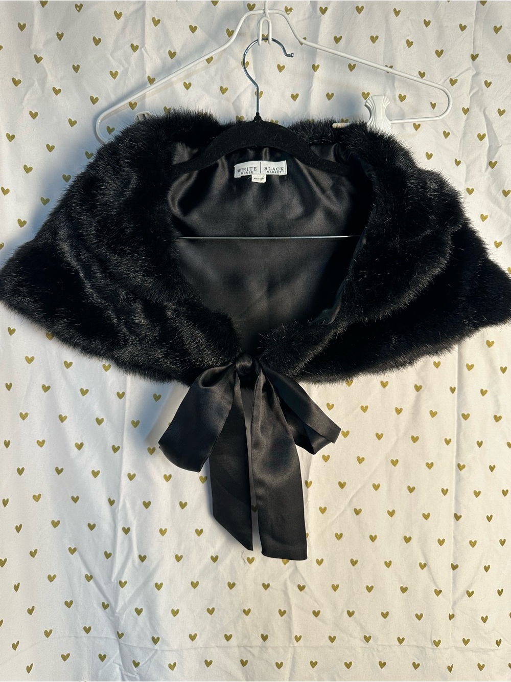 White House Black Market Black Faux Fur Capelet Stole Satin Ribbon Tie NWOT